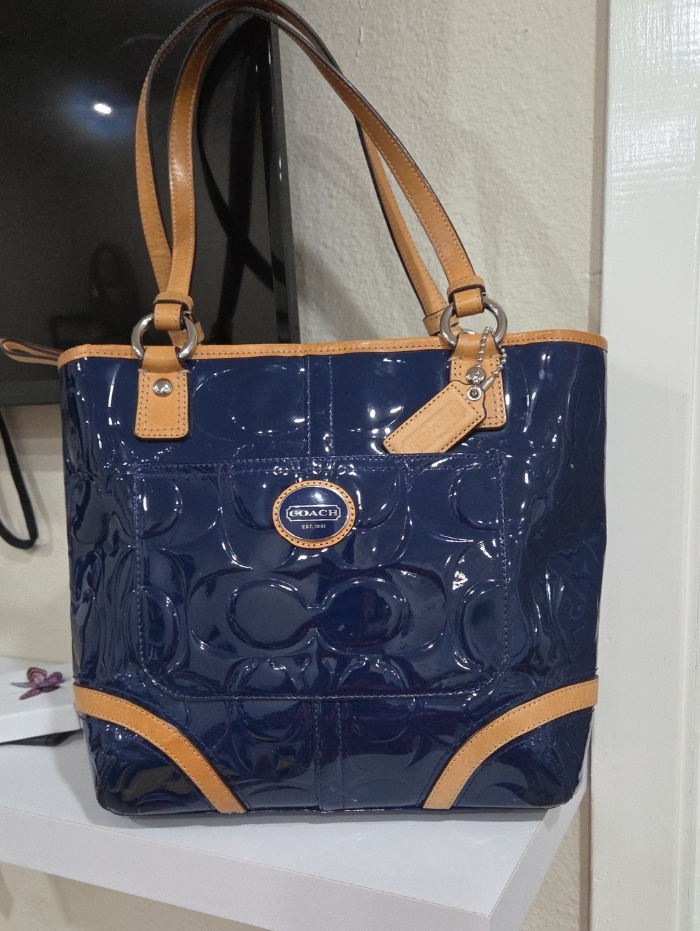Coach Patent Leather Navy Tote with Tan Trim